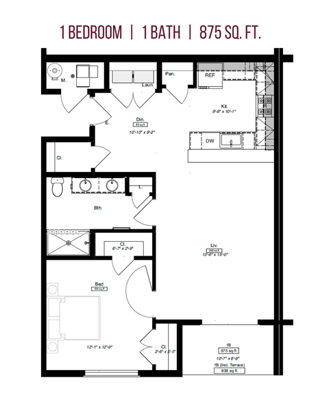 Floor plan for 1 bed, 1 bath, 864 sqft